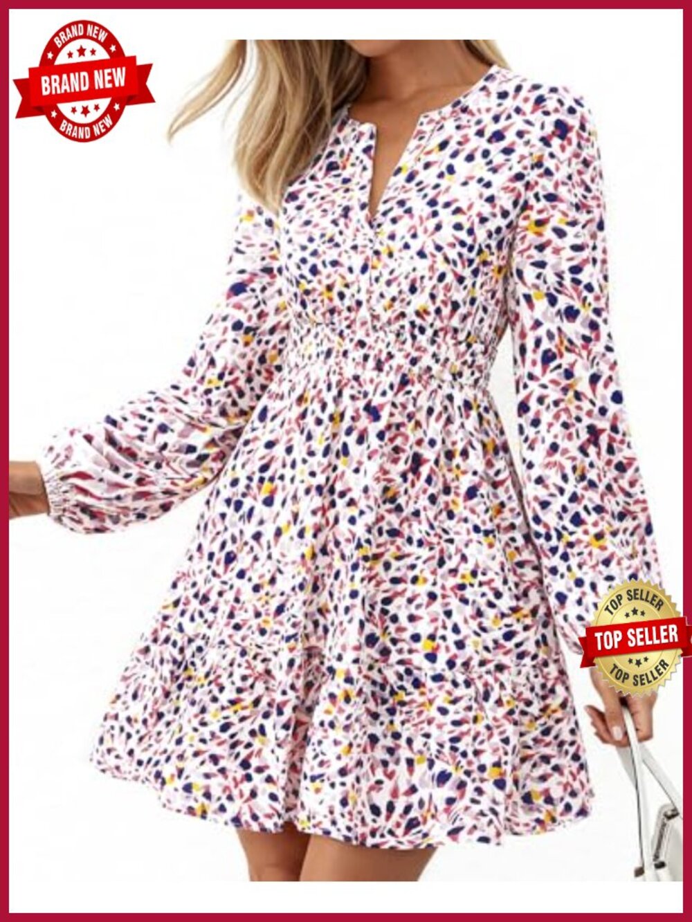 Floral Long Sleeve Mini Dress V-Neck Smocked Empire Waist A-Line Tiered Ruffle